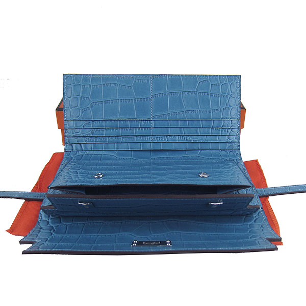 High Quality Hermes Kelly Crocodile Veins Long Clutch Bag Blue H009 Replica - Click Image to Close